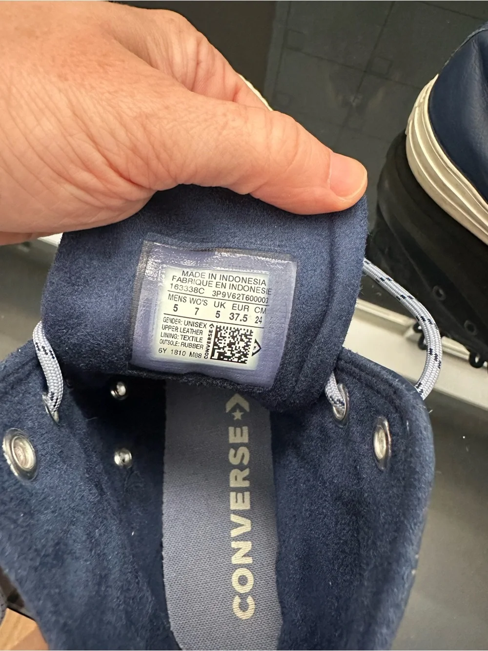 Navy Blue High-Top Leather Converse with White Toe Cap - Picture 3 of 4